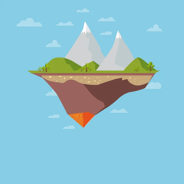 Isla plana con montañas y nubes, concepto de ecología — Vector de stock