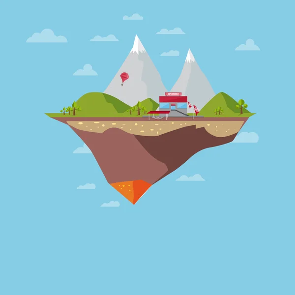 Flat Island With Mountains And Supermarket, Flying Island Concept — Stock Vector