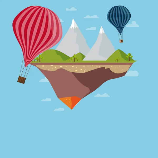 Flat Island With Mountains And Clouds, ecology concept with balloons — Stock Vector