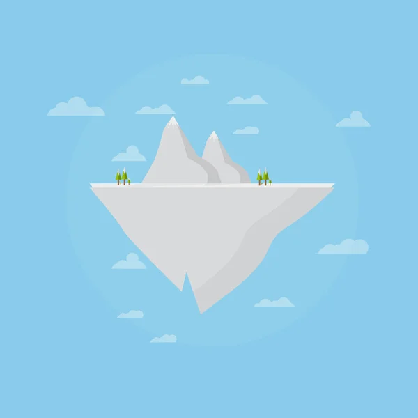 Isla de hielo voladora con montañas y nubes — Vector de stock