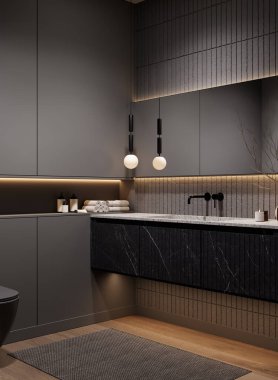 Modern dark bathroom interior with black marble surfaces, soft LED lighting and elegant minimalist design, 3d rendering