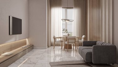 Boş TV ekranı modern ışık içinde beyaz kanepe şık bir şekilde tasarlanmış, ön manzara. Oturma odasının arka planında televizyon, boş TV görüntü şablonu, 3D görüntüleme