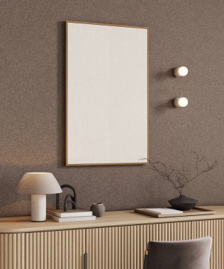 Kahverengi duvar zemininde dikey ahşap çerçeve modeli ve ahşap konsol, 3D görüntüleme