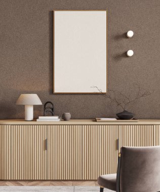 Kahverengi duvar zemininde dikey ahşap çerçeve modeli ve ahşap konsol, 3D görüntüleme