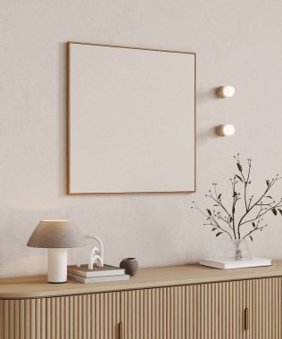 Kare çerçeveyi açık bej ev içi arka planda, evi minimal dekorlu, 3d biçimlendirmeli olarak düzenle