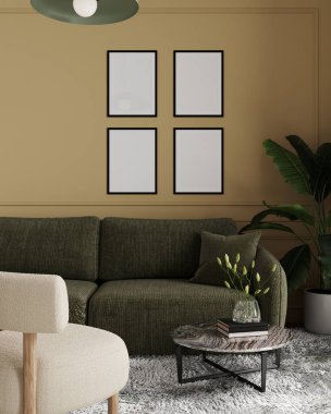 Parlak oturma odasında dört siyah çerçeve, üç boyutlu görüntüleme.