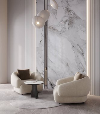 Zarafet salonu. Koltuk, lamba ve mermer kaplama, 3D görüntüleme.