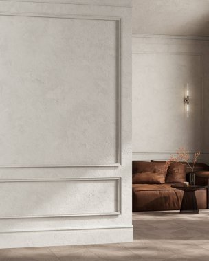 Modern oturma odasındaki boş duvar modeli, bulut dansçısı 2026, 3D