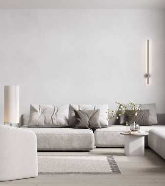 Kanepe, sehpa ve duvar lambasıyla klasik pantonda beyaz iç mekan. 3d illüstrasyon modeli.