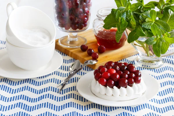 Sweet dessert with cranberries. Meringue cake decorated with cranberries — Stock Photo, Image