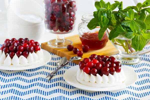 Meringue cake with cream and cranberries. Sweet dessert with berry — Stock Photo, Image