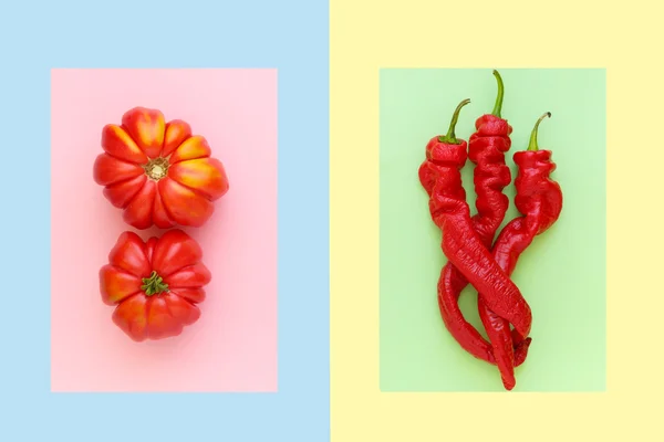 Olgun domates ve renkli bir arka plan üzerinde kırmızı tatlı biber. En az stili.