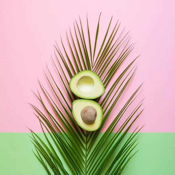 Olgun avokado renkli bir arka plan üzerinde palmiye yaprağı üzerinde. En az kavramı