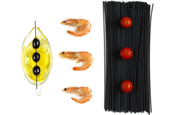 Karides ve siyah spagetti Üstten Görünüm
