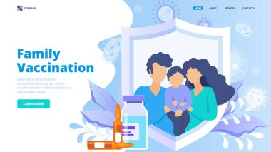 Web sitesi, iniş sayfası, afiş, kahraman imajı için düz vektör çizimi. Modern stil aile aşısı vektör konsepti. Yeni doğan bebek ve çocuk aşısı. Virüs ve bakteri hastalıkları koruması.
