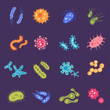 Düz virüs ve mikrop örneklerinin vektör koleksiyonu. Bakteri ikonu seti. Renkli çizgi film amipler ve basiller. Güzel mikroorganizma koleksiyonu.