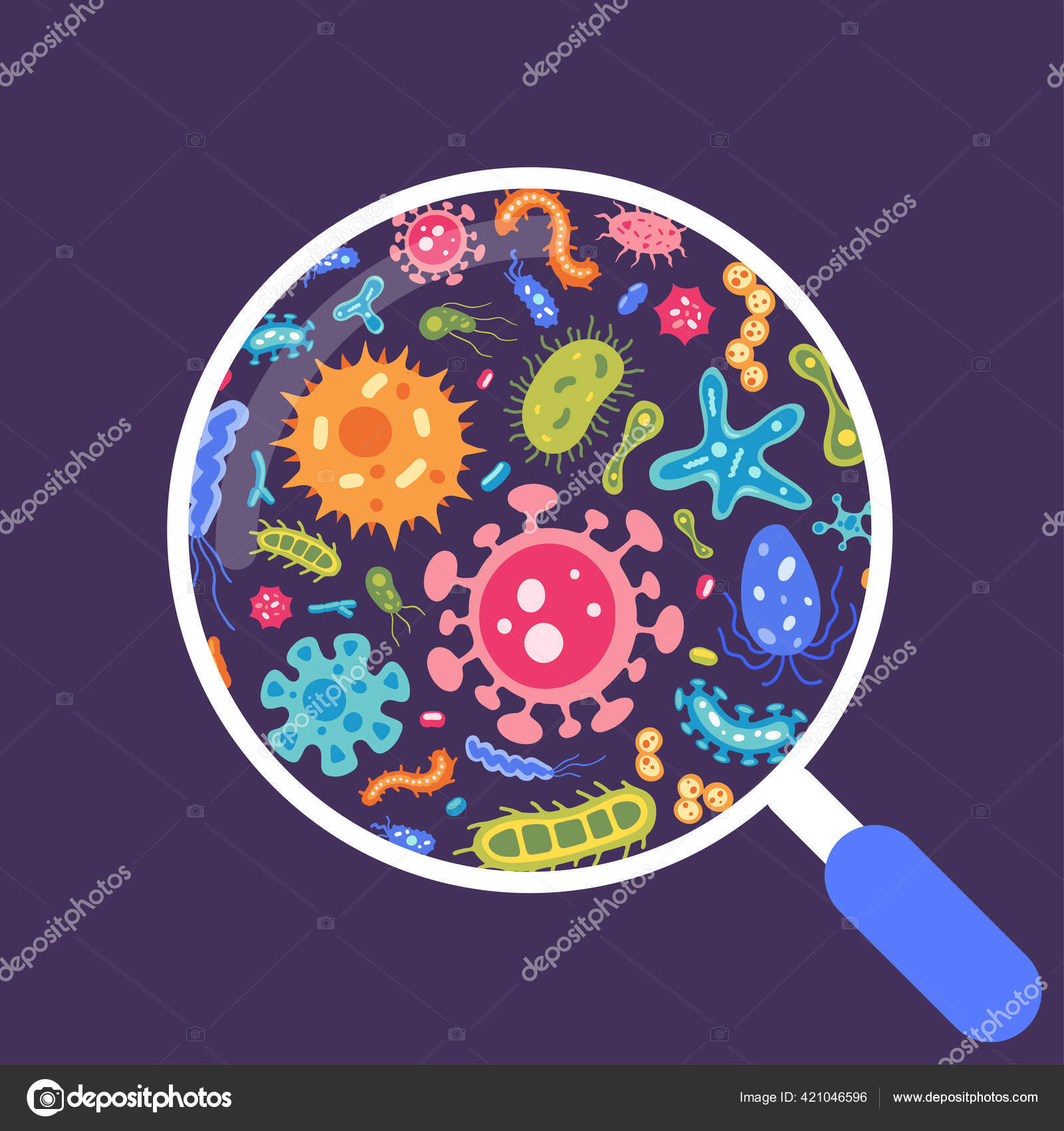 Vector collection of flat virus and microbe illustrations in magnifying glass. Bacteria icon set. Colourful cartoon amoebas and bacillus. Beautiful collection of microorganisms. Petri dish concept. Stock Vector Image by ©Ravluk #421046596 Vector collection of flat virus and microbe illustrations in magnifying glass. Bacteria icon set. Colourful cartoon amoebas and bacillus. Beautiful collection of microorganisms. Petri dish concept. Stock Vector Image by ©Ravluk #421046596