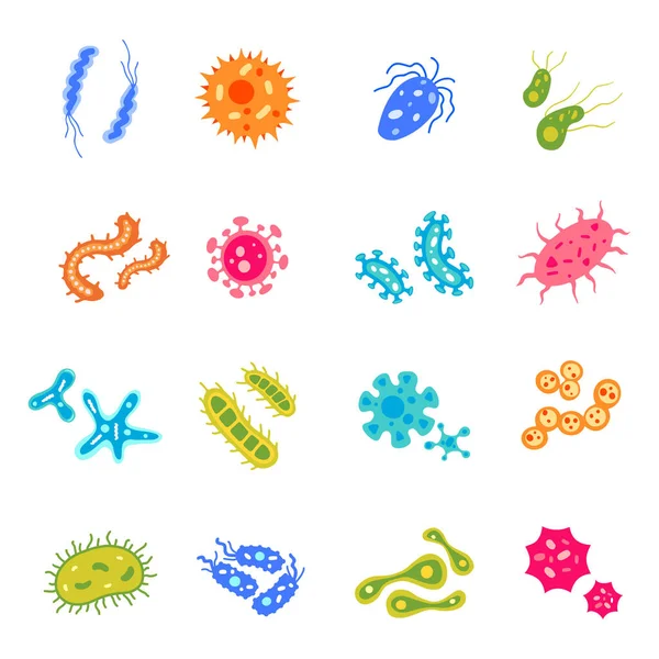 플랫 바이러스 와 마이크로 비삽화 가 들어 있습니다. 박테리아 아이콘 세트. 다채 로운 만화 아메바와 바실루스입니다. 미생물의 아름다운 수집물. — 스톡 벡터