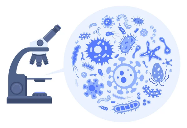 Különböző baktériumok láthatók mikroszkóppal. Mikrobiológiai fogalom. — Stock Vector