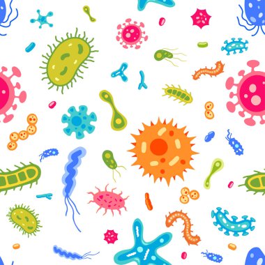 Vektör kusursuz desen: düz virüs ve mikrop çizimleri. Bakteri ikonu seti. Renkli çizgi film amipleri ve basil dokusu. Güzel mikroorganizma koleksiyonu.