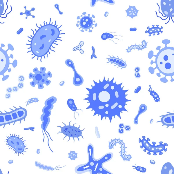 Διάνυσμα αδιάλειπτη μοτίβο: επίπεδη εικόνα ιών και μικροβίων. Σύνολο εικονιδίων βακτηρίου. Πολύχρωμα αμοιβάδες κινουμένων σχεδίων και υφή βάκιλου. Όμορφη συλλογή μικροοργανισμών. — Διανυσματικό Αρχείο