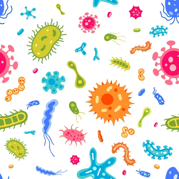 Padrão sem costura vetorial: vírus plano e ilustrações de micróbios. Conjunto de ícones de bactérias. Amebas de desenhos animados coloridos e textura bacillus. Bela coleção de microrganismos. — Vetor de Stock