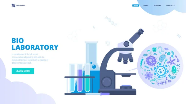 Laboratório de biologia, pesquisa microbiológica, teste de saúde vetor conceito. Ilustração vetorial plana para web site, landing page, imagem de herói, banner. Tubos de ensaio, microscópio e vários vírus e bactérias — Vetor de Stock