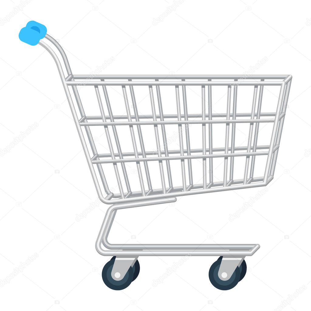 Vector flat realistic illustration of side view empty supermarket shopping cart. Shopping trolley isolated on white background.
