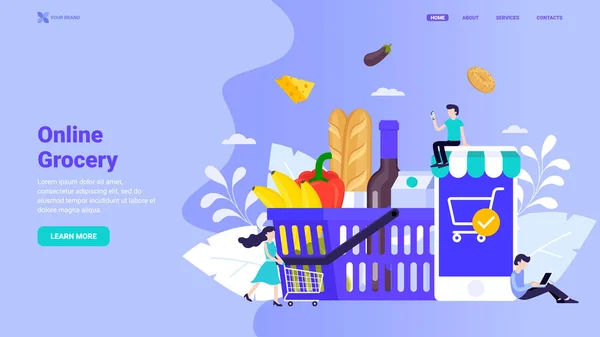 Lebensmittel Kaufen Lebensmittel Bestellen Supermarkt Online Flat Vector Illustration Essensausgabe — Stockvektor