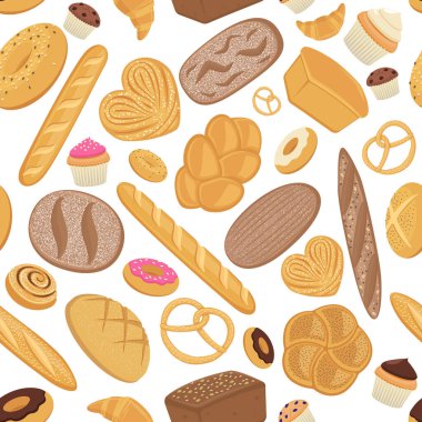 Kusursuz düz vektör deseni, çeşitli ekmekler, çörekler, çörekler, çörekler. Fırın afişi için şablon, yer, iniş sayfası. Büyük pasta koleksiyonu. Gerçekçi vektör illüstrasyonu.