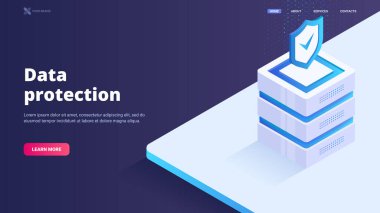 Veri güvenliği, veritabanı koruması, bilgi depolama, sunucu, veri tabanı vektör çizimi. Web sitesi, iniş sayfası ve pankart için vektör izometrik illüstrasyon. Kahraman resim tasarımı.