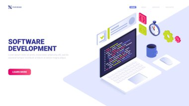 Yazılım geliştirme vektör kavramı. Web sitesi, iniş sayfası, afiş için özgün bir illüstrasyon. Kahraman imajı tasarımı. Kodlama, programlama, uygulama geliştirme.