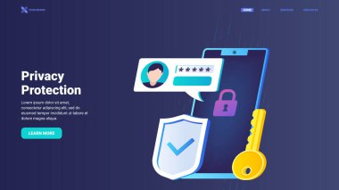 Gizlilik koruması, kişisel bilgi güvenliği. Veri güvenliği. Web sitesi, iniş sayfası, afiş için onay ve yetki vektör ilüstrasyonu. Kahraman resim tasarımı.