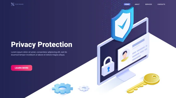 プライバシー保護 個人情報セキュリティ データの安全性 ウェブサイト ランディングページ バナーの検証と承認ベクトルイラスト ヒーローイメージデザイン — ストックベクタ