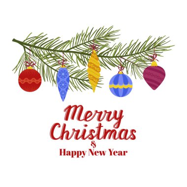 Beyaz zemin üzerinde izole çam dalları ve Noel süsleri Mutlu Noeller metni düz vektör çizimi