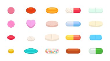 Düz tasarım hapları ve kapsüller koleksiyonu, çok çeşitli tıbbi tabletler ve uyuşturucular, izole vektör illüstrasyonu