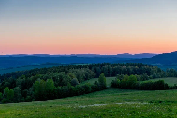 Randonnée Dans Magnifique Coucher Soleil Dans Forêt Thuringienne — Photo