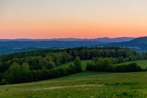 Randonnée Dans Magnifique Coucher Soleil Dans Forêt Thuringienne — Photo