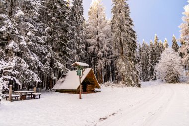 Thüringen Ormanı 'nda kış harikalar diyarı Rennsteig patikasındaki Neuhoefer Wiese çayırı gün batımında - Thüringen - Almanya