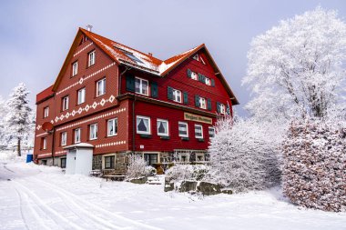 Thüringen Ormanı 'nda kış harikalar diyarı Rennsteig patikasındaki Ebertswiese çayırı güzel kış havasında Thüringen Almanya