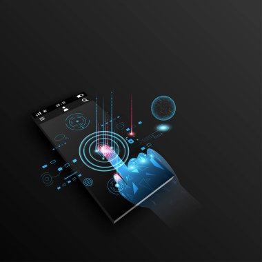 Mobil geleceksel teknoloji tanımlama sistemi üzerinde parmak izi tarama devresi, çokgen el hologram vektör çizimi