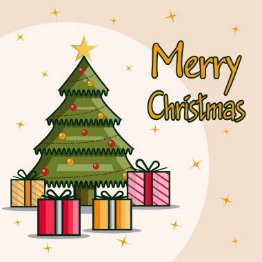 Noel ağacının vektör çizimi ve düzenlenebilir arka planda süsleme. Kart, pankart, poster, reklam ve blog için renkli parlak düz tasarım. Eps 10