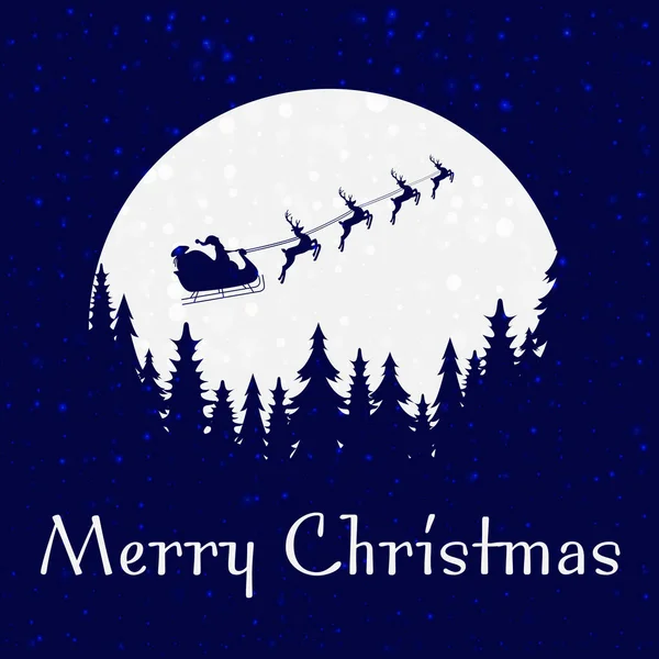 Noel Baba, gece gökyüzünde Noel ormanının altında uçuyor. Noel Baba kızağı, gece vakti büyük ayın yakınındaki ağaçların arasından geçiyor. Eps 10