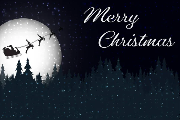 Noel Baba, gece gökyüzünde Noel ormanının altında uçuyor. Noel Baba kızağı, gece vakti büyük ayın yakınındaki ağaçların arasından geçiyor. Eps 10