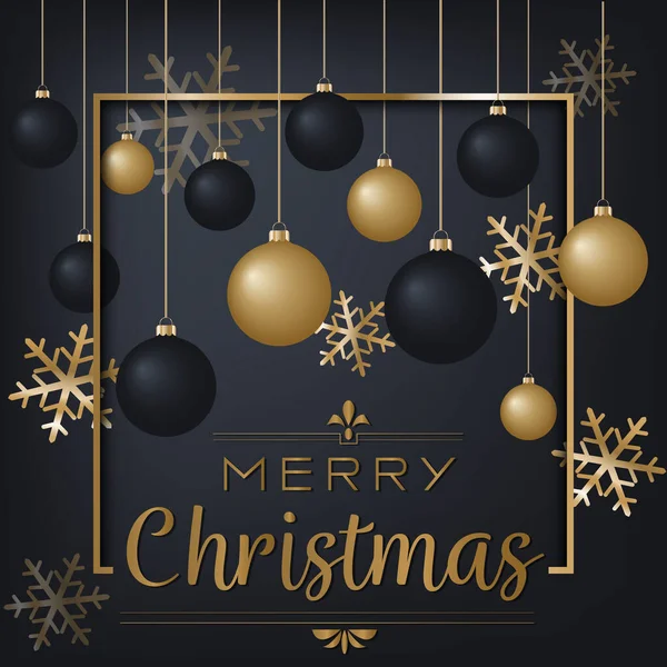 Noel tebrik kartı için lüks bir Noel arkaplanı. Noel topuyla süslenmiş altın süsleme, vektör siyah arka planda, kar tanesi desenli. Altın hat harfleri