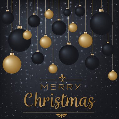 Noel tebrik kartı için lüks bir Noel arkaplanı. Noel topuyla süslenmiş altın süsleme, vektör siyah arka planda, kar tanesi desenli. Altın hat harfleri.