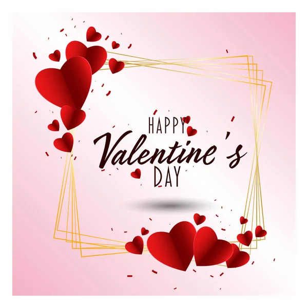 Concepto de San Valentín fondo. Ilustración vectorial. 3d corazones de papel rojo y rosa con marco cuadrado de oro. Lindo amor venta banner o tarjeta de felicitación — Vector de stock