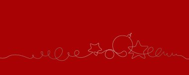 Mutlu Noel süslemeleri. Sürekli bir çizim çizimi. Noel balosu, yıldızlar ve süslemeler. Vektör illüstrasyonu