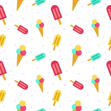 Dondurma izi yok. Tropikal meyveler, dondurmalar, yapraklar, Tukan, Flamingo, çiçekler ve yaz ikonları Memphis tarzıyla renksiz yaz deseni. Yaz kusursuz vektör illüstrasyonu.