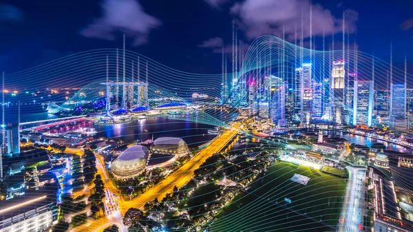 Smart city and communication network concept for 5G, internet of things IOT, big data, wireless speed connection, augmented and intelligent reality. cityscape technology background